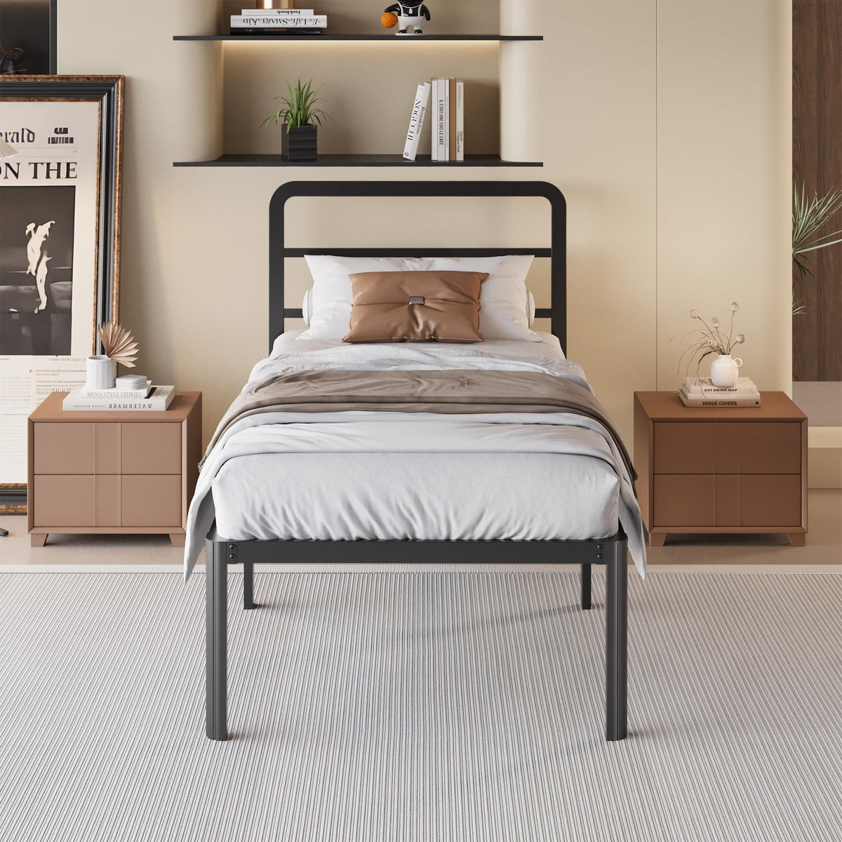 18 Inch Twin XL Black Metal Bed Frame with Headboard J212
