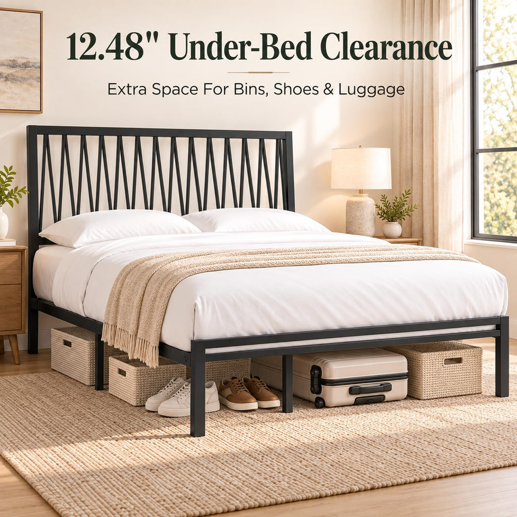 Black Metal Queen Bed Frame with Geometric Headboard H79191