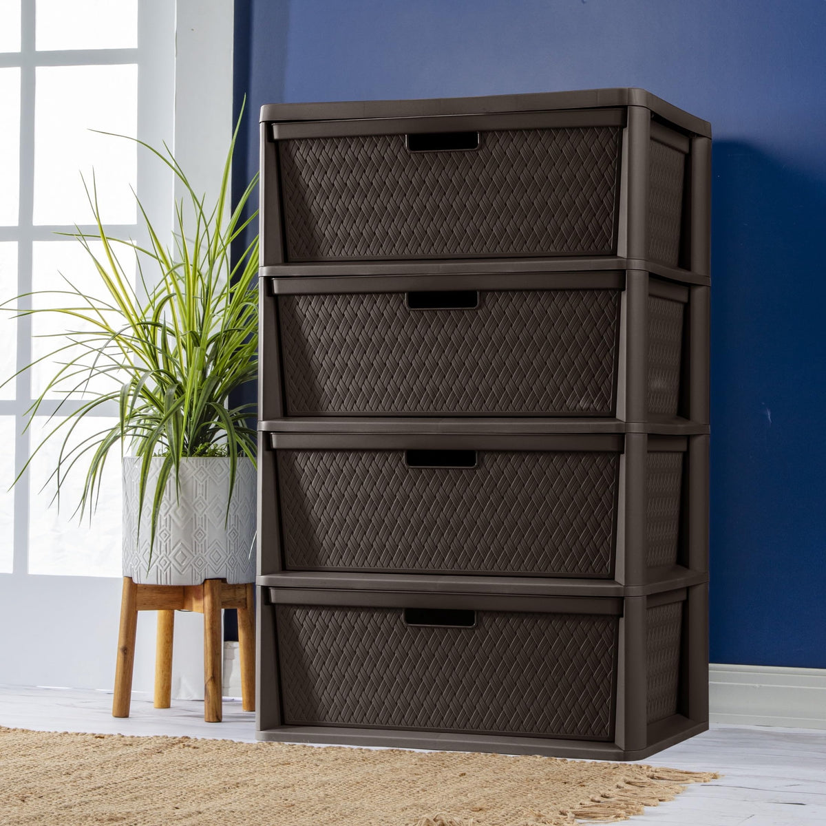 Brown 4 Drawer Plastic Storage Tower with Removable Bins W8448