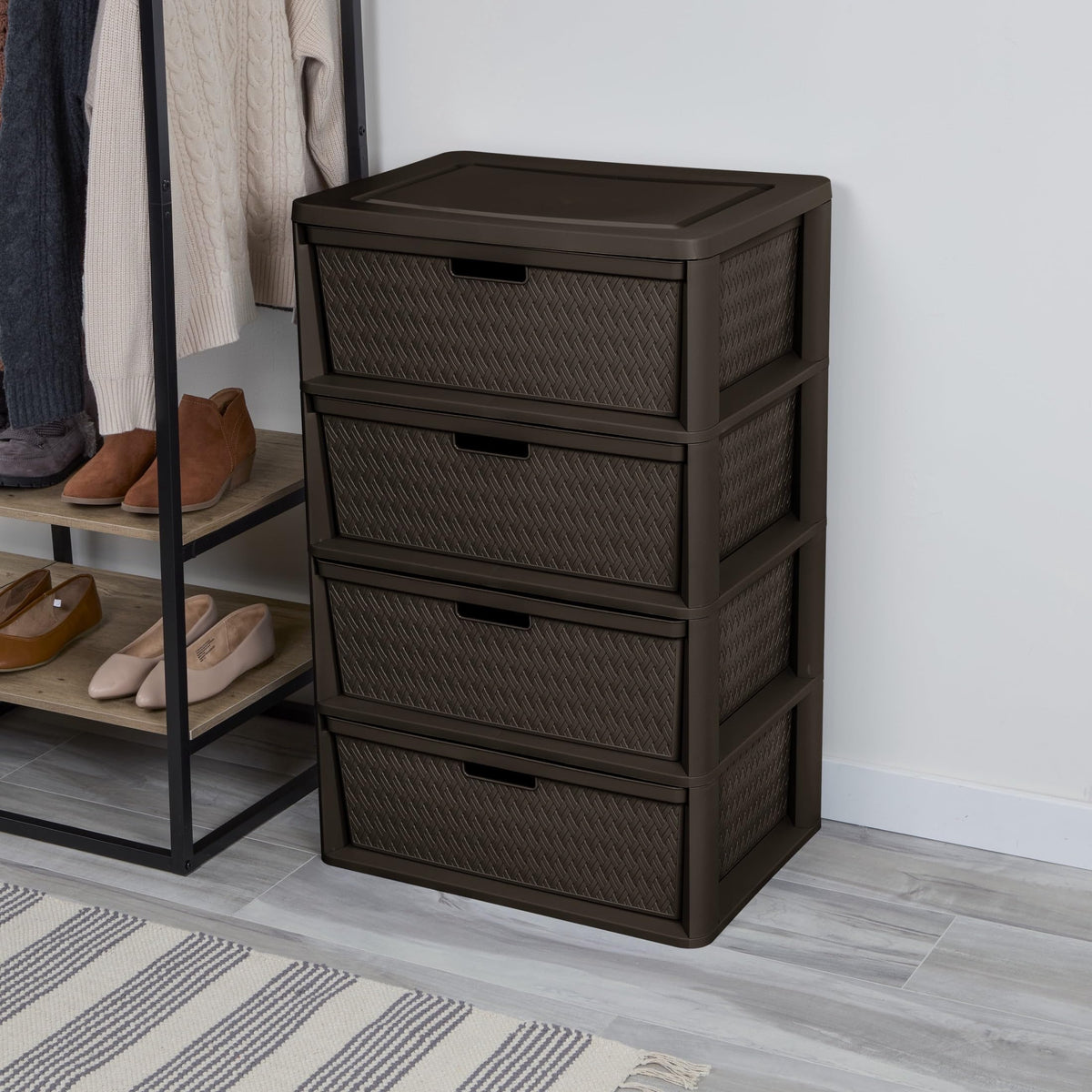 Brown 4 Drawer Plastic Storage Tower with Removable Bins W8448
