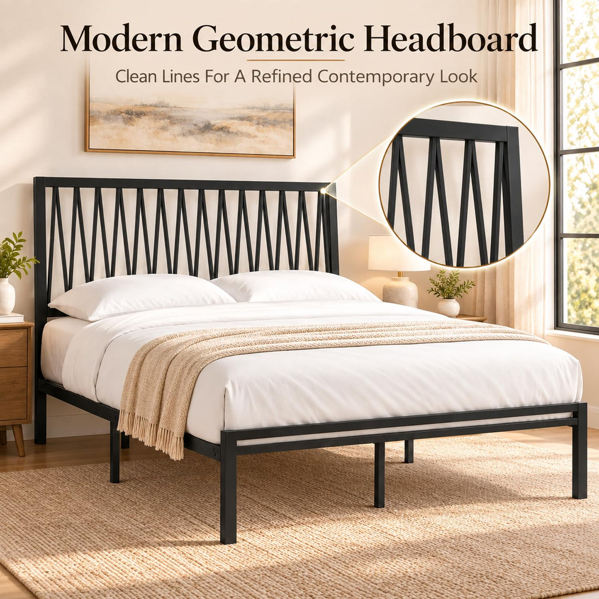 Black Metal Queen Bed Frame with Geometric Headboard H79191