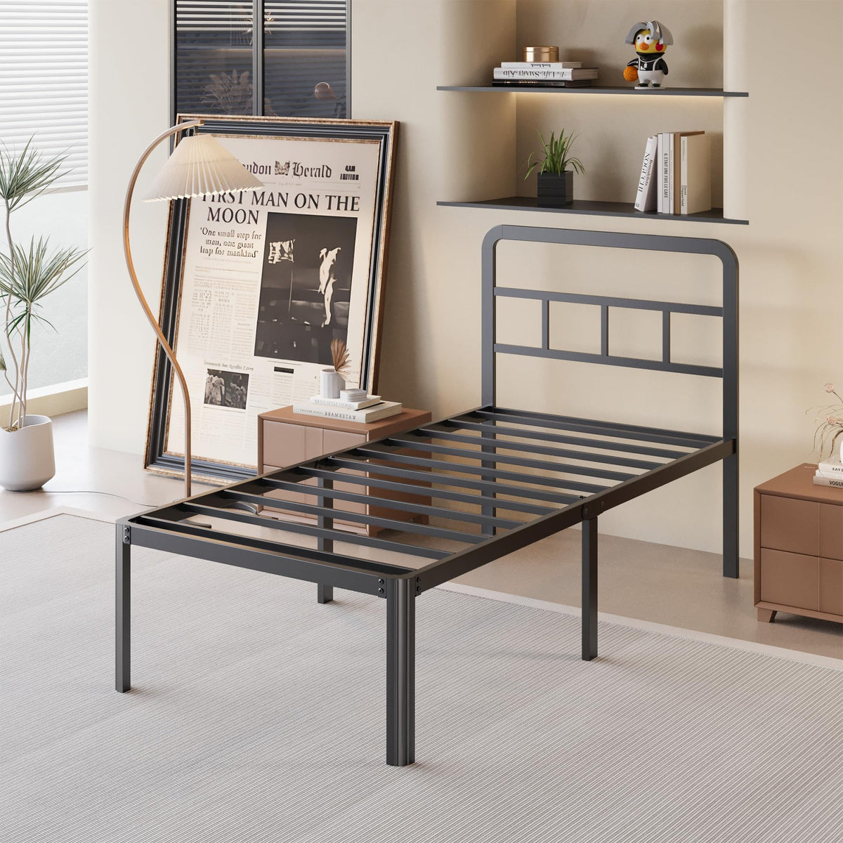 18 Inch Twin XL Black Metal Bed Frame with Headboard J212