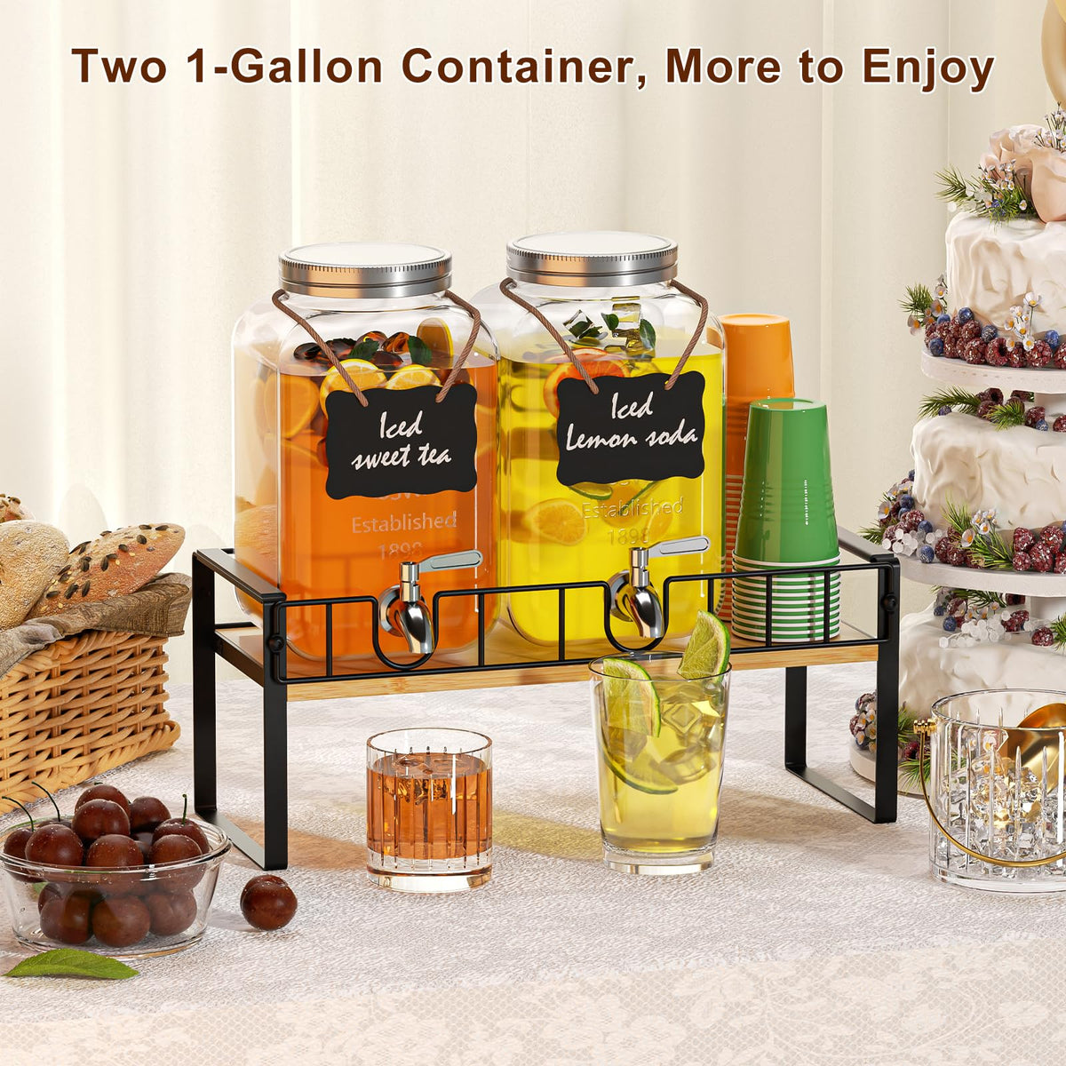 2 Pack 1 Gallon Glass Beverage Dispenser with Spigot and Ice Core V3125