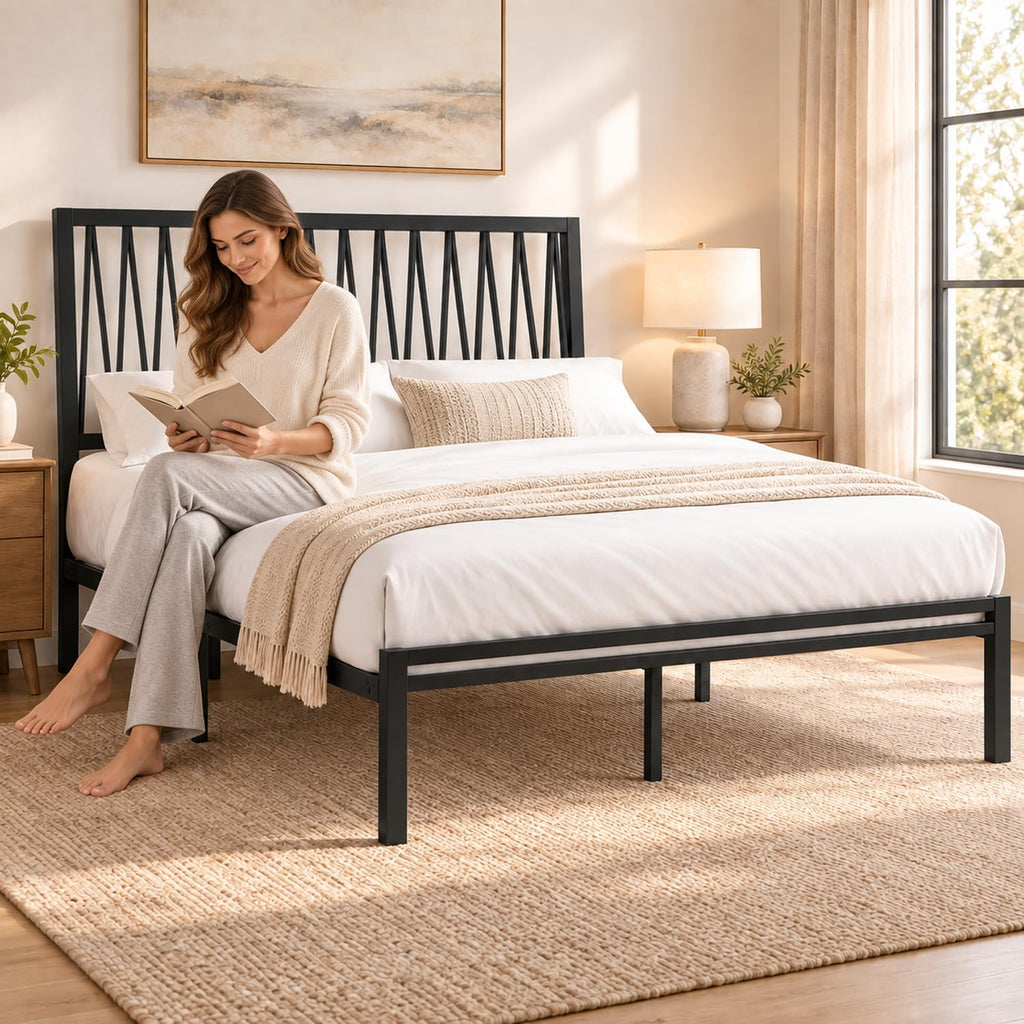 Black Metal Queen Bed Frame with Geometric Headboard H79191