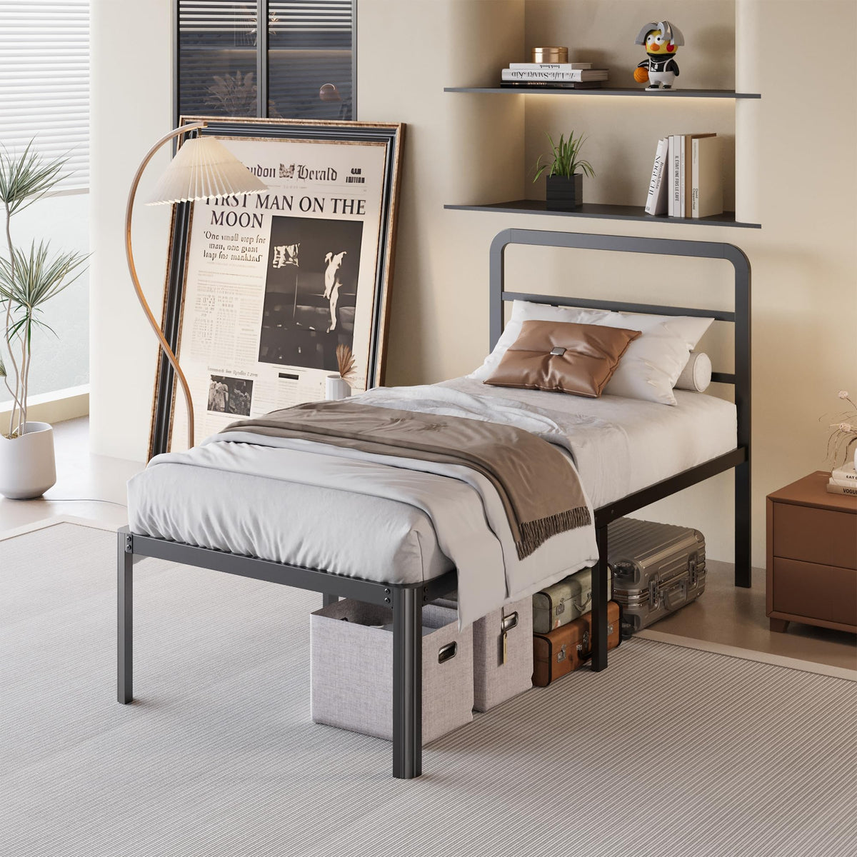 18 Inch Twin XL Black Metal Bed Frame with Headboard J212