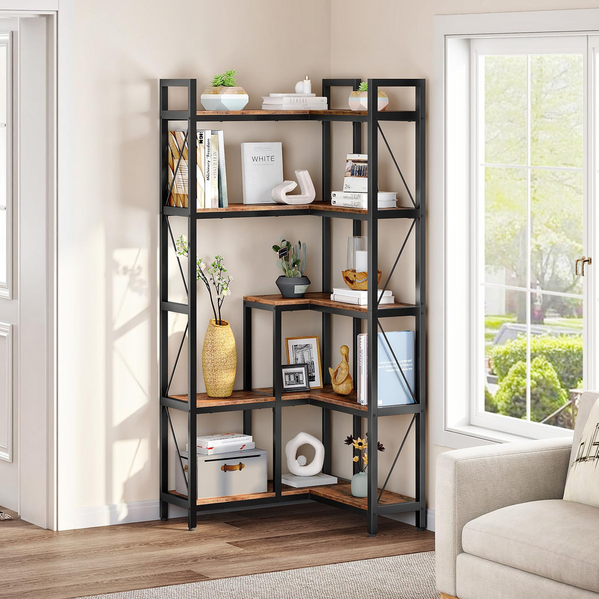 5-Tier L-Shaped Corner Bookshelf with Metal Frame B243