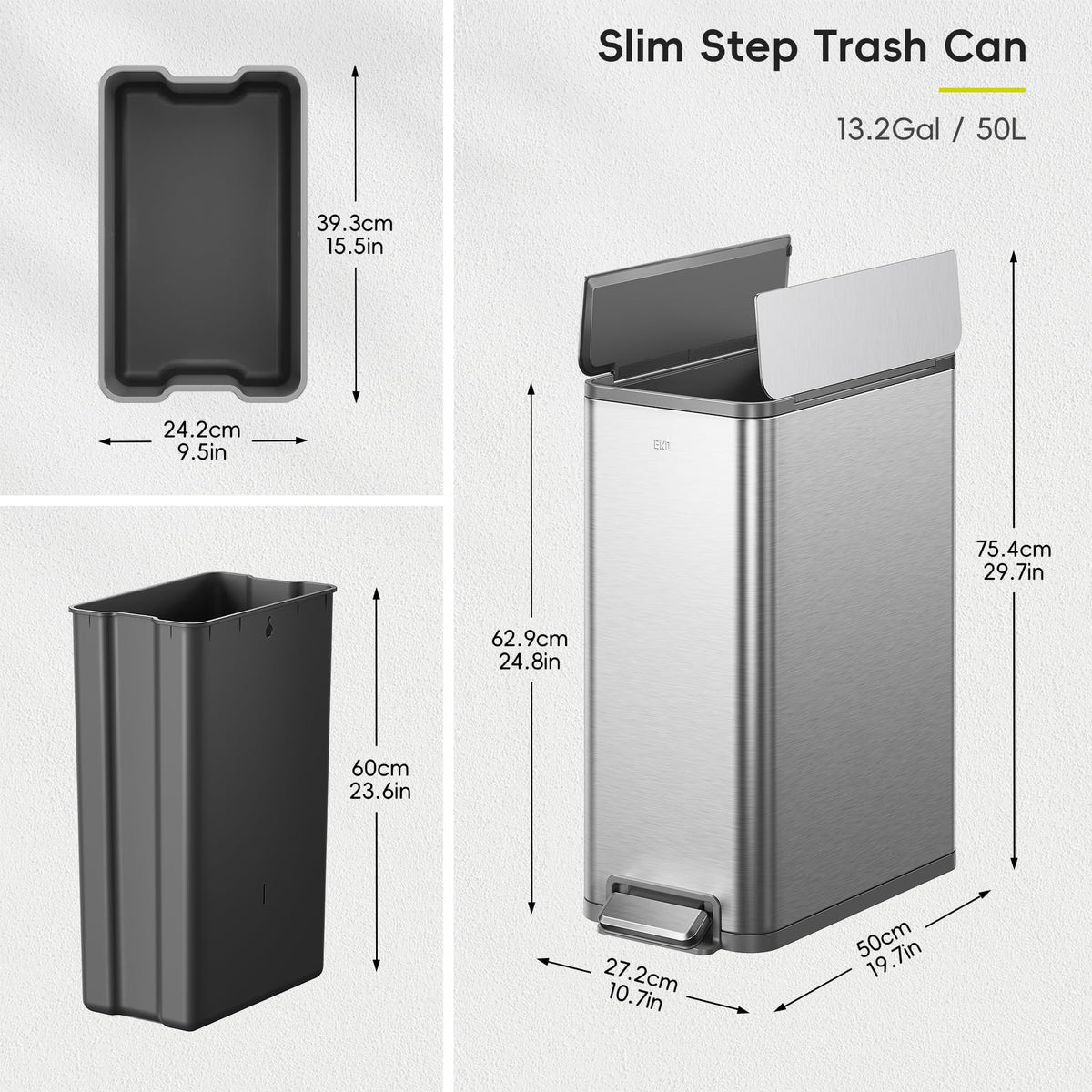 50L Stainless Steel Slim Step Trash Can G3329