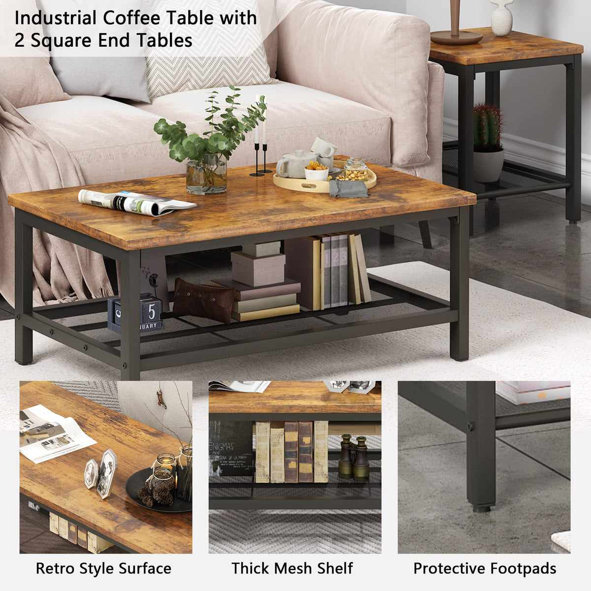 3 Pieces Coffee Table Set with 2 End Side Tables C83491