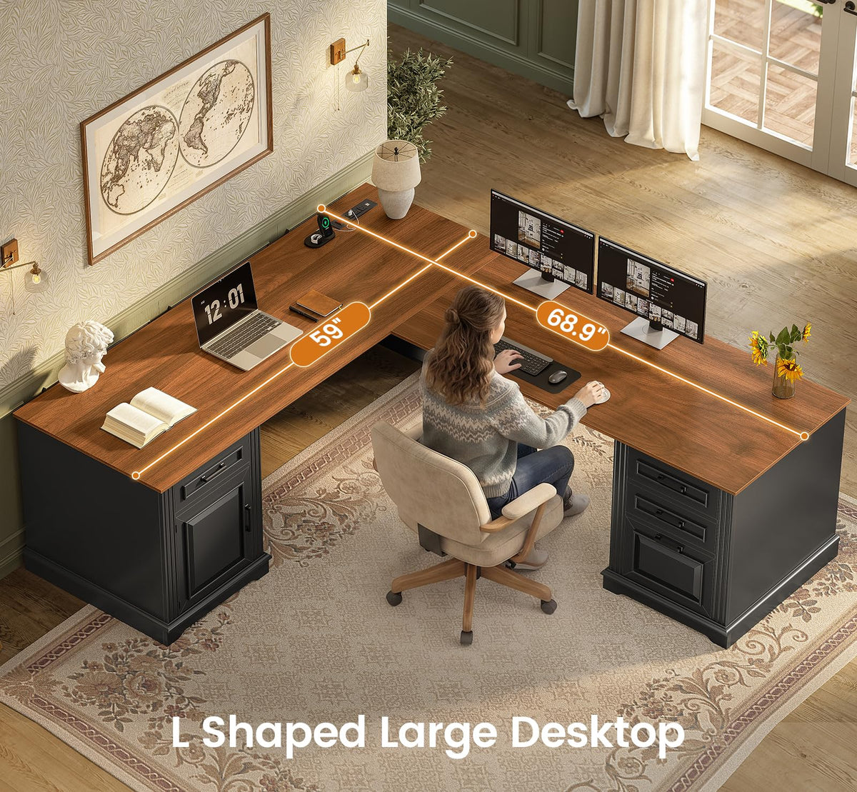 69" L Shaped Desk with Drawers and Storage Cabinet M186452