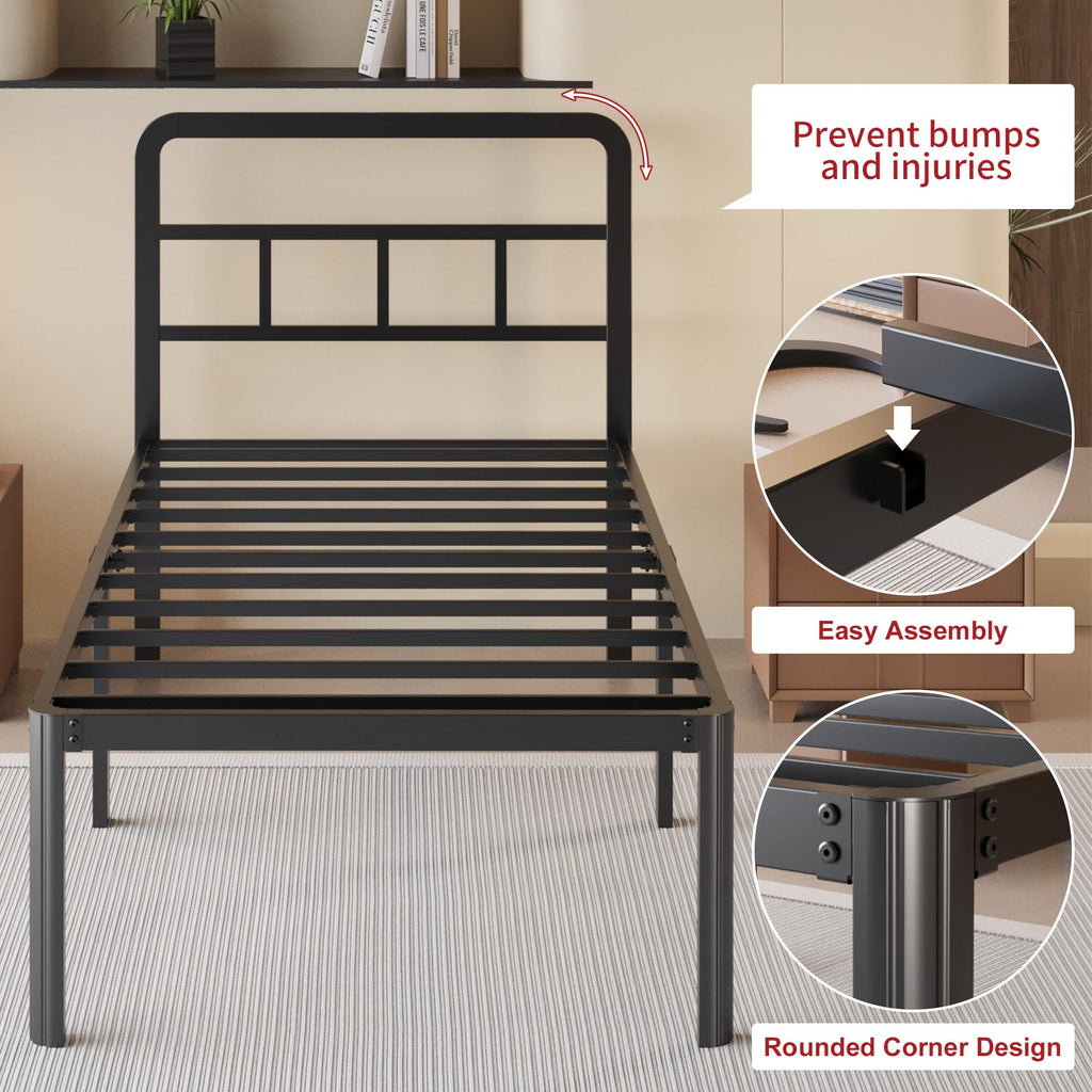 18 Inch Twin XL Black Metal Bed Frame with Headboard J212