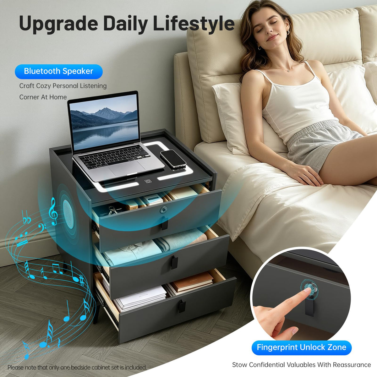Fingerprint Lock Nightstand with USB & Wireless Charging and 3 Drawers H7551