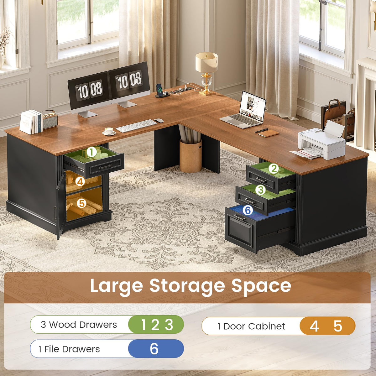 69" L Shaped Desk with Drawers and Storage Cabinet M186452
