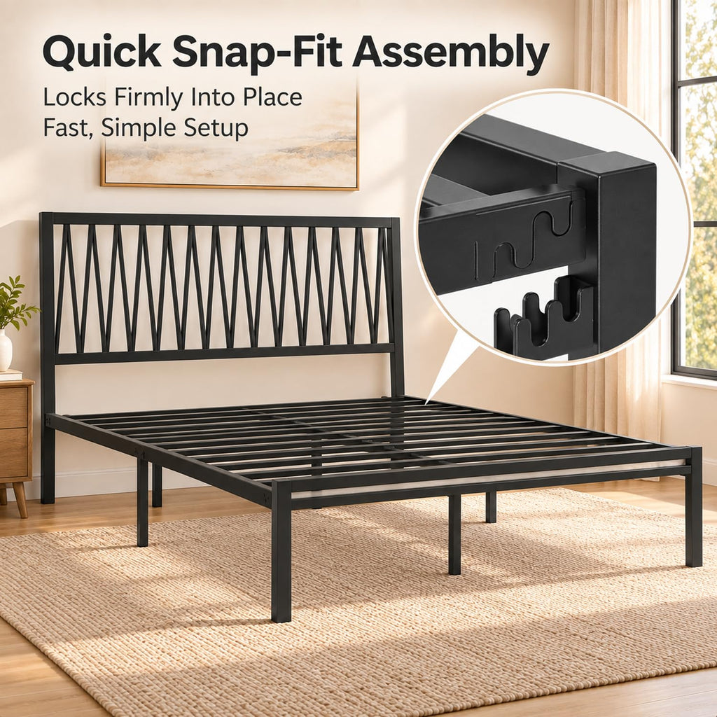 Black Metal Queen Bed Frame with Geometric Headboard H79191