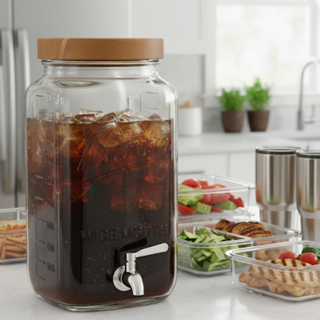 2 Gallon Glass Beverage Dispenser with Wooden Lid I463968