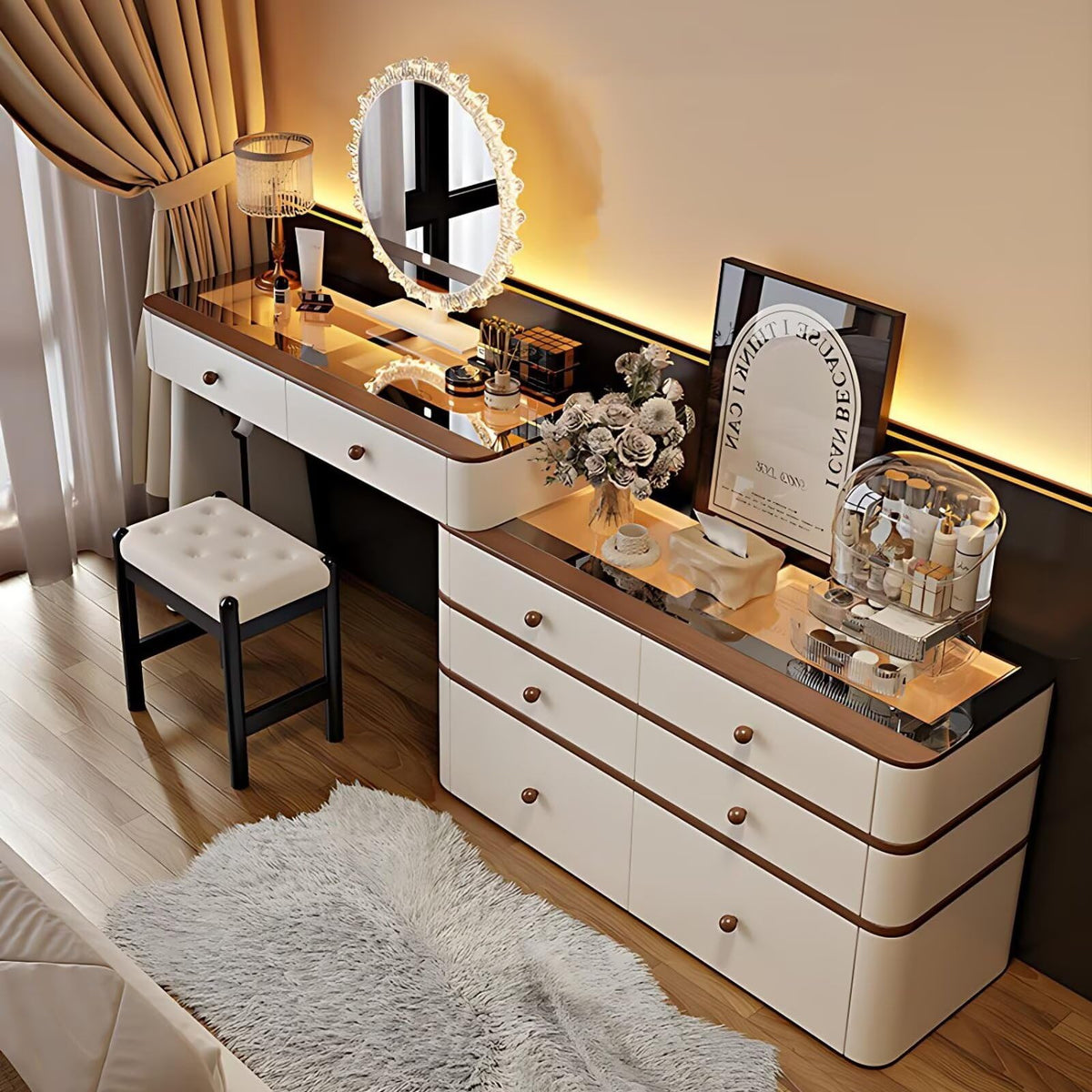 Leather Makeup Vanity with Tempered Glass Top & LED Light J245162