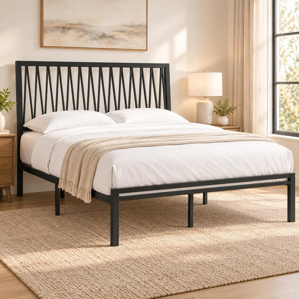 Black Metal Queen Bed Frame with Geometric Headboard H79191
