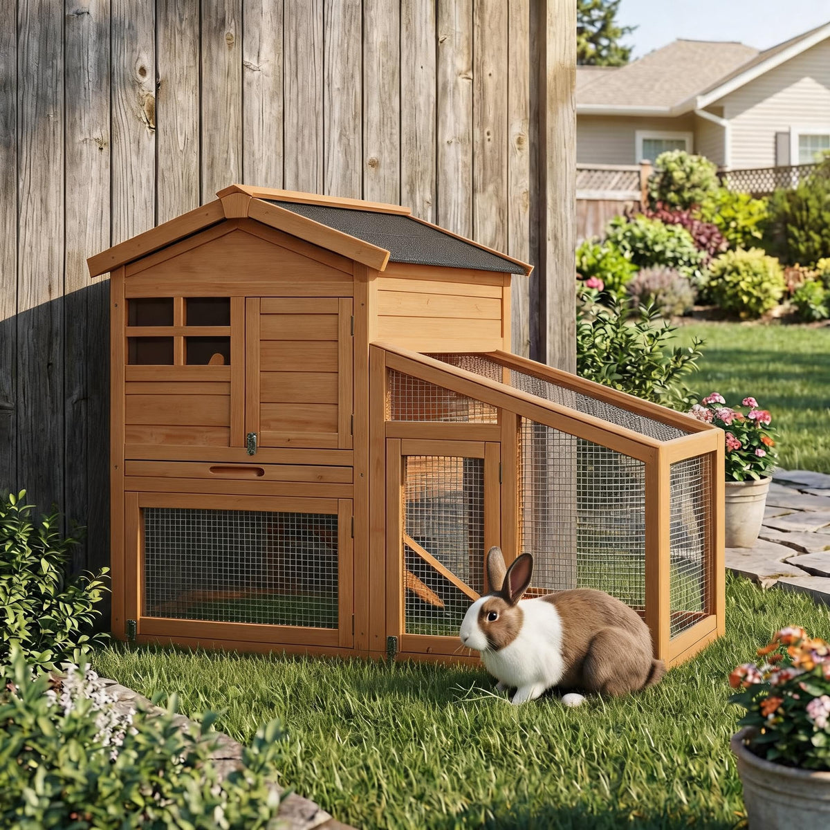 2-Story Wooden Rabbit Hutch with Run L192277